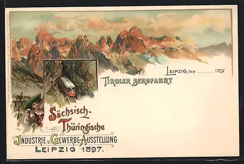 Lithographie Leipzig, Sächsisch-Thüringische Industrie- und Gewerbe-Ausstellung 1897, Tiroler Bergbahn, Frau in Tracht