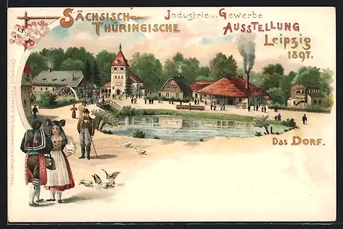 Lithographie Leipzig, Sächsisch-Thüringische Industrie- und Gewerbe-Ausstellung 1897, Blick in Das Dorf