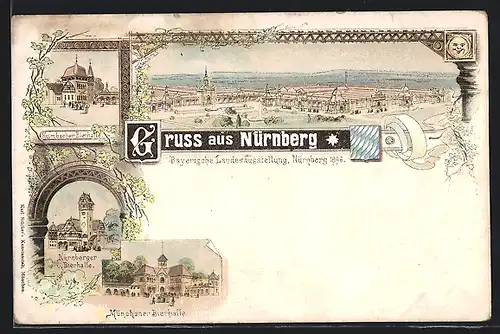 Lithographie Nürnberg, Bayerische Landes-Ausstellung 1896, Ausstellungsgelände, Kulmbacher, Nürnberger Bierhalle