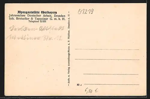 AK Dresden, Jahresschau Deutscher Arbeit, Alpengaststätte Oberbayern