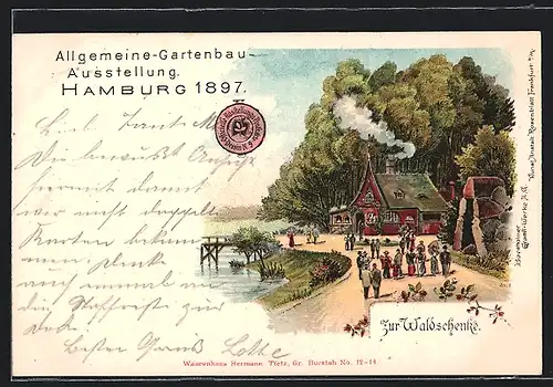 Lithographie Hamburg, Gartenbau-Ausstellung 1897, Zur Waldschenke