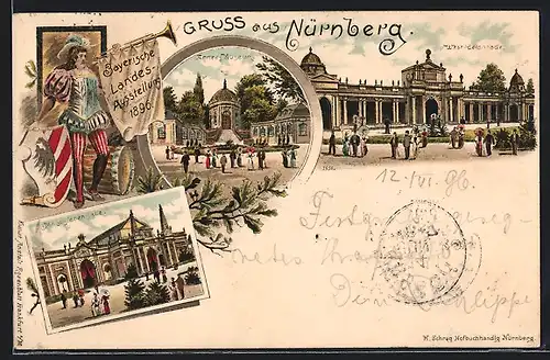 Lithographie Nürnberg, Bayerische Landes-Ausstellung 1896, Armee-Museum, West-Colonnade, Maschinenhalle, Wappen