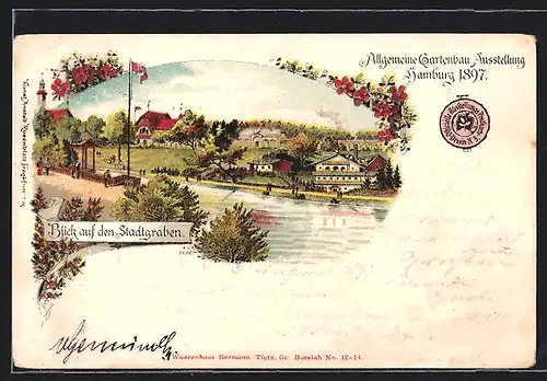 Lithographie Hamburg, Allgemeine Gartenbau-Ausstellung 1897, Blick auf den Stadtgraben