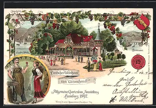 Lithographie Hamburg, Allgemeine Gartenbau-Ausstellung 1897, Deutsches Weinhaus zum Weinschmidt