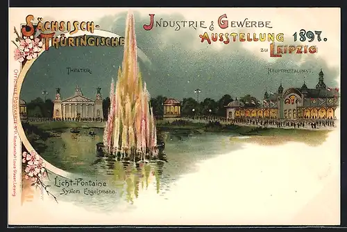 Lithographie Leipzig, Sächsisch-Thüringische Industrie und Gewerbe Ausstellung 1900, Hauptrestaurant, Licht Fontaine
