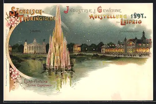 Lithographie Leipzig, Sächsisch-Thüringische Industrie und Gewerbe Ausstellung 1900, Hauptrestaurant, Licht Fontaine