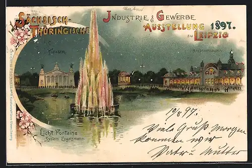 Lithographie Leipzig, Sächsisch-Thüringische Industrie und Gewerbe Ausstellung 1900, Hauptrestaurant, Licht Fontaine