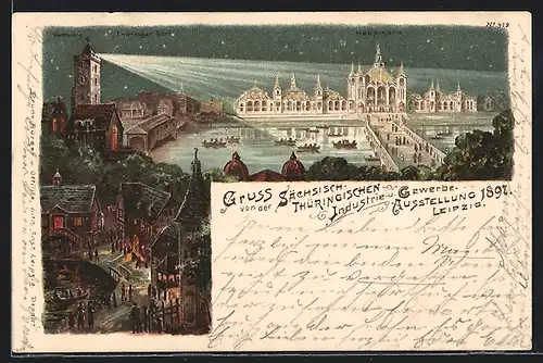 Lithographie Leipzig, Sächs.-Thür. Industrie- u. Gewerbe-Ausstellung 1897 - Wartburg, Thüringer Dorf und Haupthalle