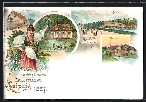 Lithographie Leipzig, Sächsisch-Thüringische Industrie- u. Gewerbe-Ausstellung 1897, Brücke