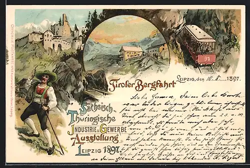 Lithographie Leipzig, Sächsisch-Thüringische Industrie- und Gewerbe-Ausstellung 1897, Tiroler Bergbahn, Mann in Tracht