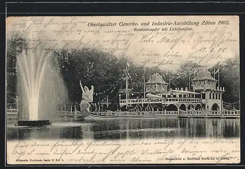 AK Zittau, Oberlausitzer Gewerbe- und Industrie-Ausstellung 1902, Reichsdampfer mit Lichtfontäne