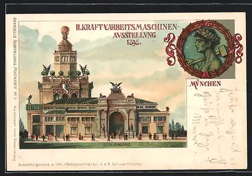 Lithographie München, II. Kraft- & Arbeitsmaschinen-Ausstellung 1898 Süd-Eingang