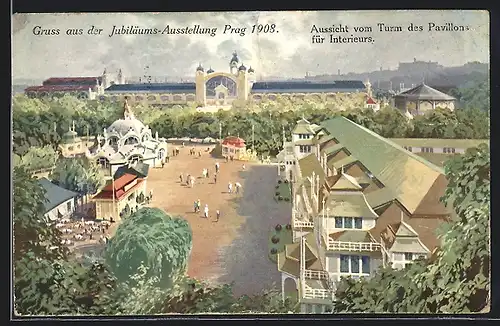 Künstler-AK Prag, Jubiläums-Ausstellung 1908, Aussicht vom Turm des Pavillons für Interieurs