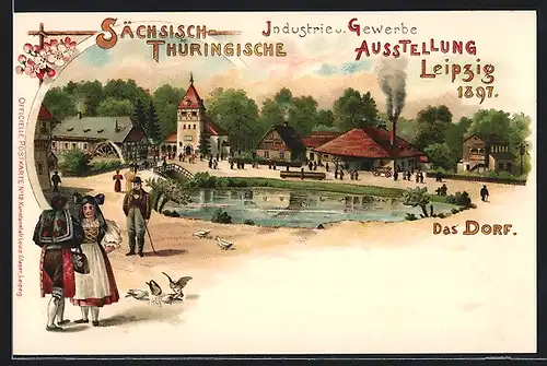 Lithographie Leipzig, Sächsisch-Thüringische Industrie- und Gewerbe-Ausstellung 1897, Blick in Das Dorf