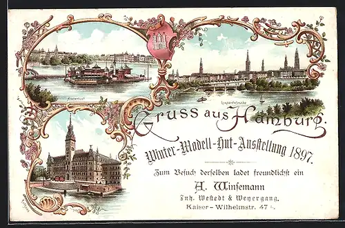 Lithographie Hamburg-St.Georg, Alsterlust, Lombardbrücke