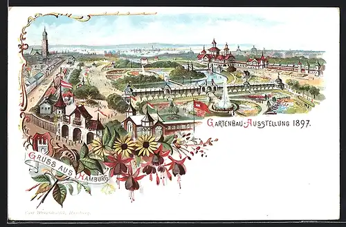 Lithographie Hamburg, Gartenbau-Ausstellung 1897, Panorama