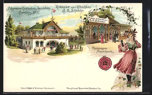 Lithographie Hamburg, Allgemeine Gartenbau-Ausstellung 1897, Restaurant zum Elbschloss mit Champagner Ausschank