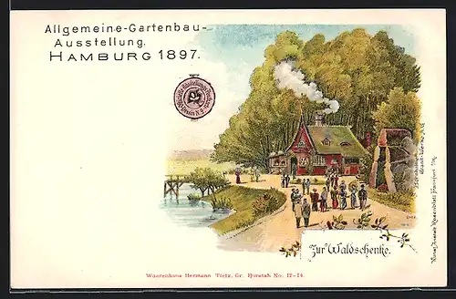 Lithographie Hamburg, Gartenbau-Ausstellung 1897, Zur Waldschenke