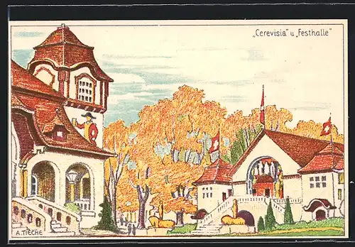 Künstler-AK Bern, Schweiz. Landes-Ausstellung1914, Cerevisia und Festhalle