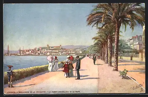 Künstler-AK Cannes, Boulevard de la Croisette, Le Mont Chevallier et le Port
