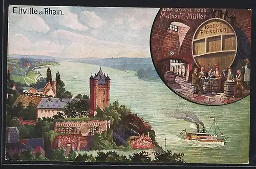 Künstler-AK Eltville am Rhein, Teilansicht mit dem grossen Fass von Matheus Müller