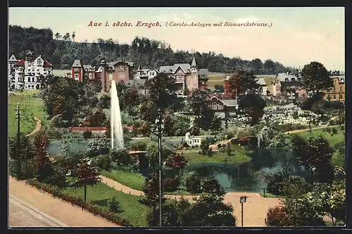 AK Aue i. Erzgeb., Carola-Anlagen mit Bismarckstrasse