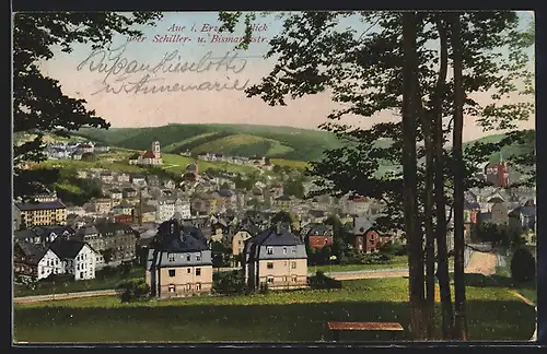 AK Aue i. Erzgeb., Blick über Schiller- u. Bismarckstrasse