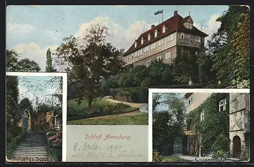 AK Steinbergen, Schloss Arensburg mit Aufgang zum Schloss und innerer Schlosshof