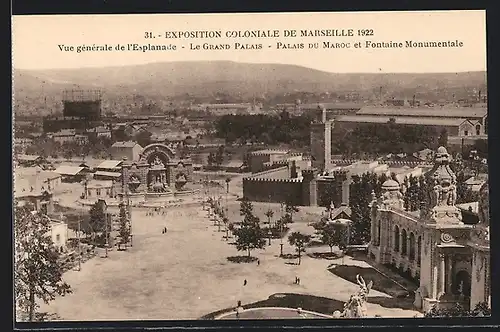 AK Marseille, Exposition coloniale 1922, Vue gènèrale de l` Esplanada, le Grand Palais, Palais du Maroc et Fontaine