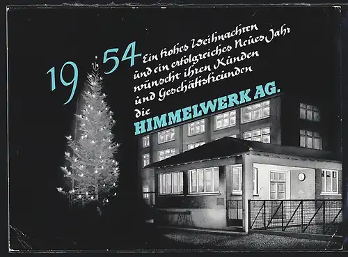AK Tübingen, Firmenhaus Himmelwerk AG bei Nacht mit erleuchtetem Weihnachtsbaum