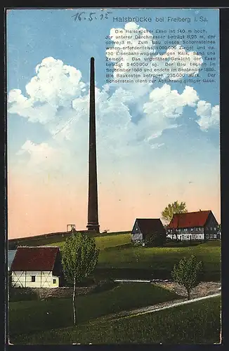AK Freiberg i. Sa., Halsbrücke mit hohem Schornstein neben Häusern