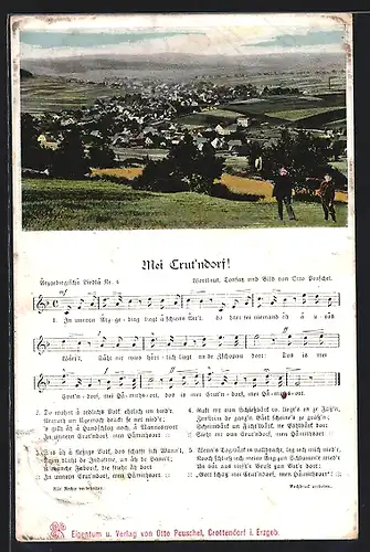 AK Crottendorf i. Erzgeb., Ortsansicht mit Noten eines Volksliedes