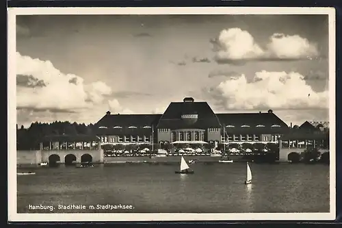 AK Hamburg-Winterhude, Stadthalle mit Stadtparksee