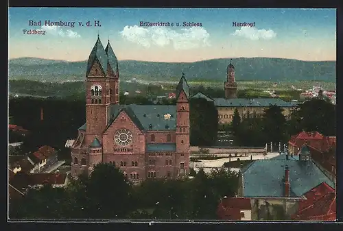 AK Bad Homburg v. d. H., Erlöserkirche und Schloss, Feldberg und Herzkopf