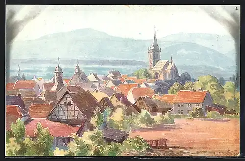 Künstler-AK Oberursel am Taunus, Ortsansicht aus der Vogelschau