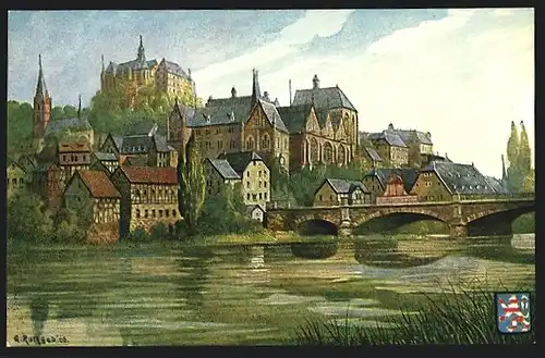 Künstler-AK Marburg, Uferpartie mit Brücke und Schloss