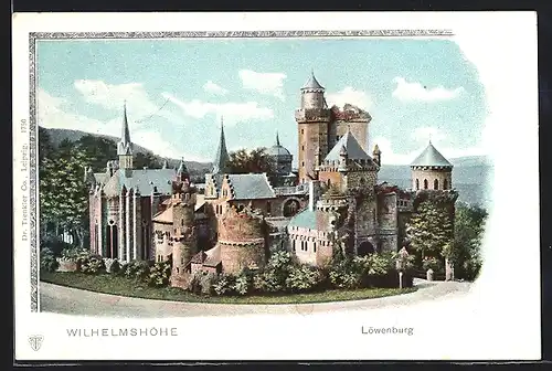 Lithographie Wilhelmshöhe, Blick auf Löwenburg