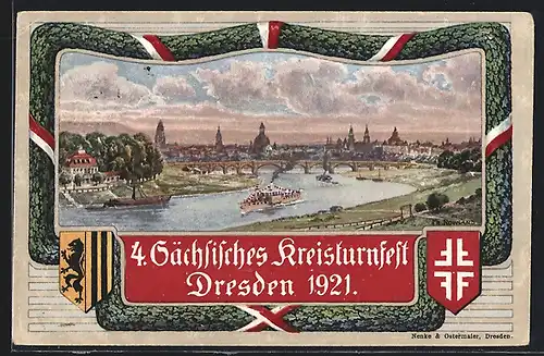 AK Dresden, 4. Sächisches Kreisturnfest 1921, Ortsansicht, Dampferpartie, Wappen