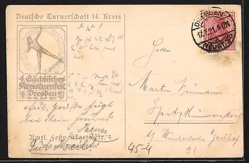 AK Dresden, 4. Sächisches Kreisturnfest 1921, Ortsansicht, Dampferpartie, Wappen