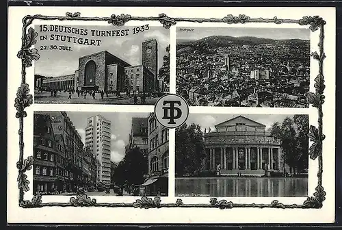 Foto-AK Stuttgart, 15. Deutsches Turnfest 1933, Hauptbahnhof, Tagblatt Turmhaus, Staatstheater