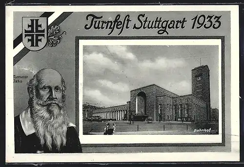 AK Stuttgart, Turnfest 1933, Turnvater Jahn und Bahnhof