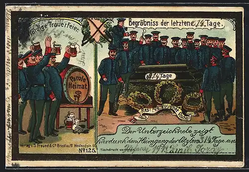 AK Reservesoldaten in Uniformen am Bierfass Parole Heimat und bei einem Begräbnis