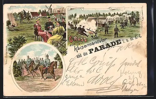 Lithographie Kaisermanöver 1897, im Lager am Feuer, Offiziere reiten aus