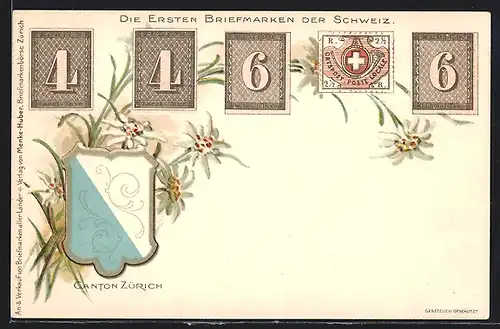 AK Die Ersten Briefmarken der Schweiz, Wappen vom Kanton Zürich