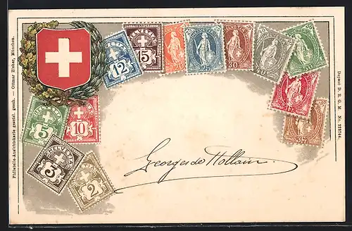 AK Briefmarken aus der Schweiz mit Wappen