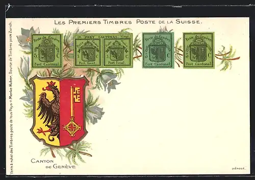 AK Schweiz, Les Premiers Timbres Poste de la Suisse, Canton de Geneve, Briefmarken, Wappen