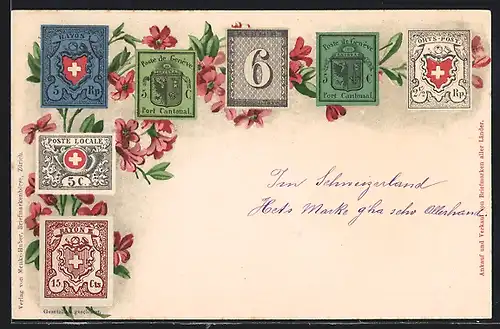 AK Briefmarken der Schweiz mit Blumen