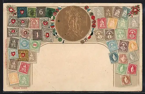 Präge-AK Schweizer Briefmarken und Wilhelm Tell mit Sohn
