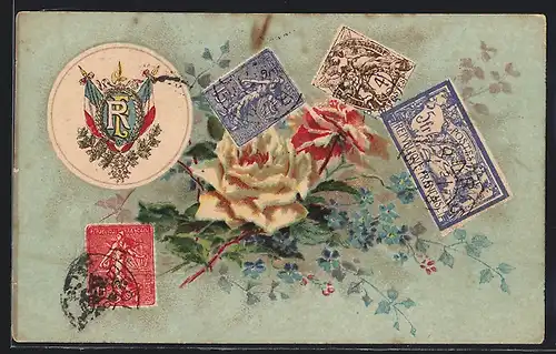 AK Französische Briefmarken mit Wappen und einem Blumenstraus