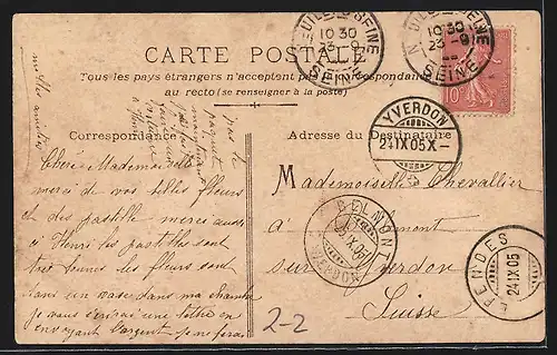 AK Französische Briefmarken mit Wappen und einem Blumenstraus